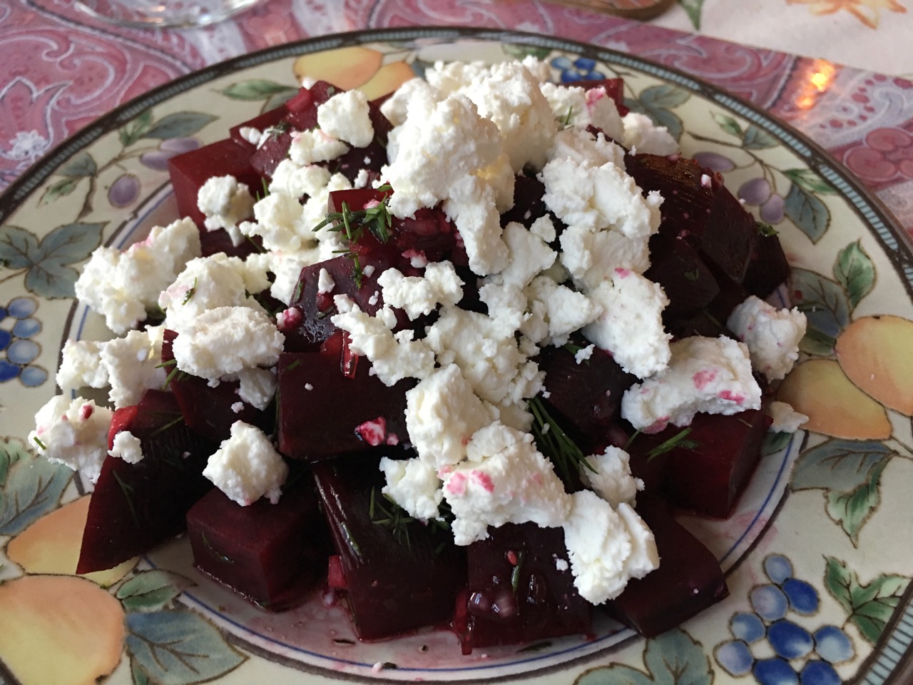 <b>Beet Salad</b><br><i>Home grown beets, balsamic, goat cheese, and dill</i>